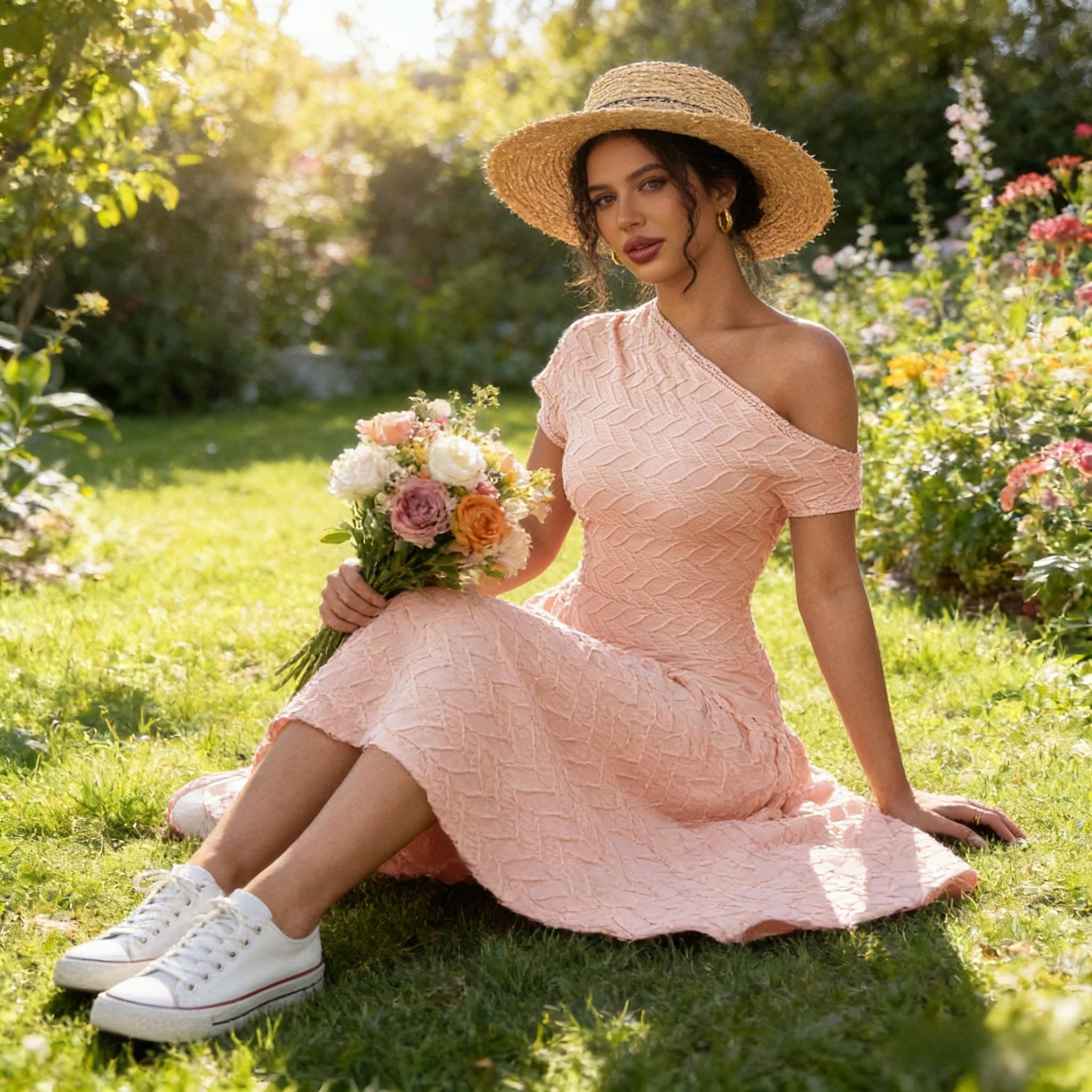 Pink slant-shouldered pressed women‘s dress Slim-waisted full-length skirt Date party vibe elegant holiday dress