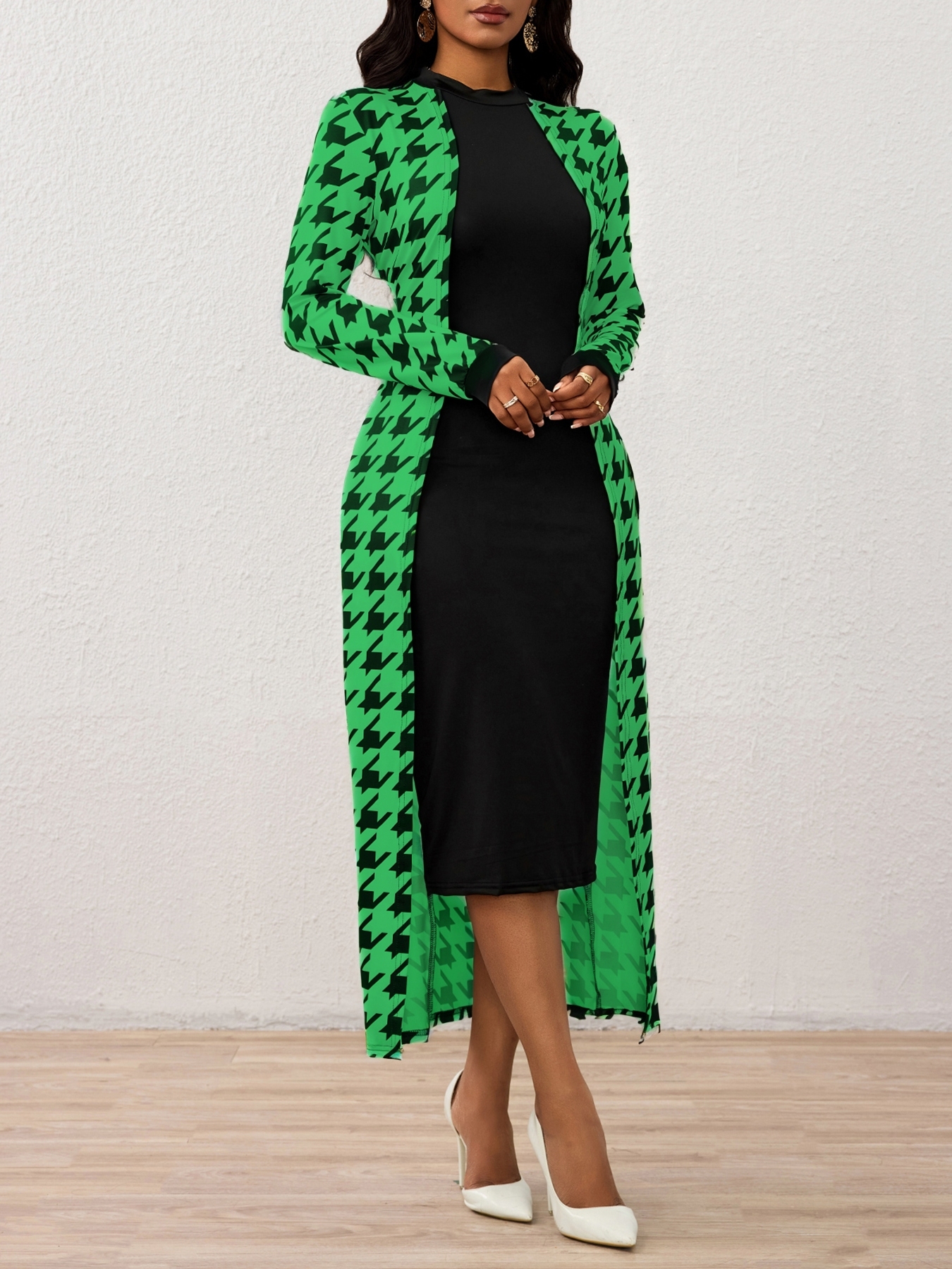 Vestido de cárdigan largo fino de diente de perro para mujeres-Aegean-sea