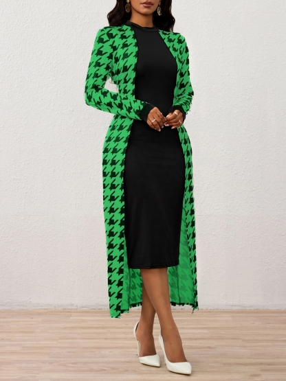 Vestido de cárdigan largo fino de diente de perro para mujeres-Aegean-sea