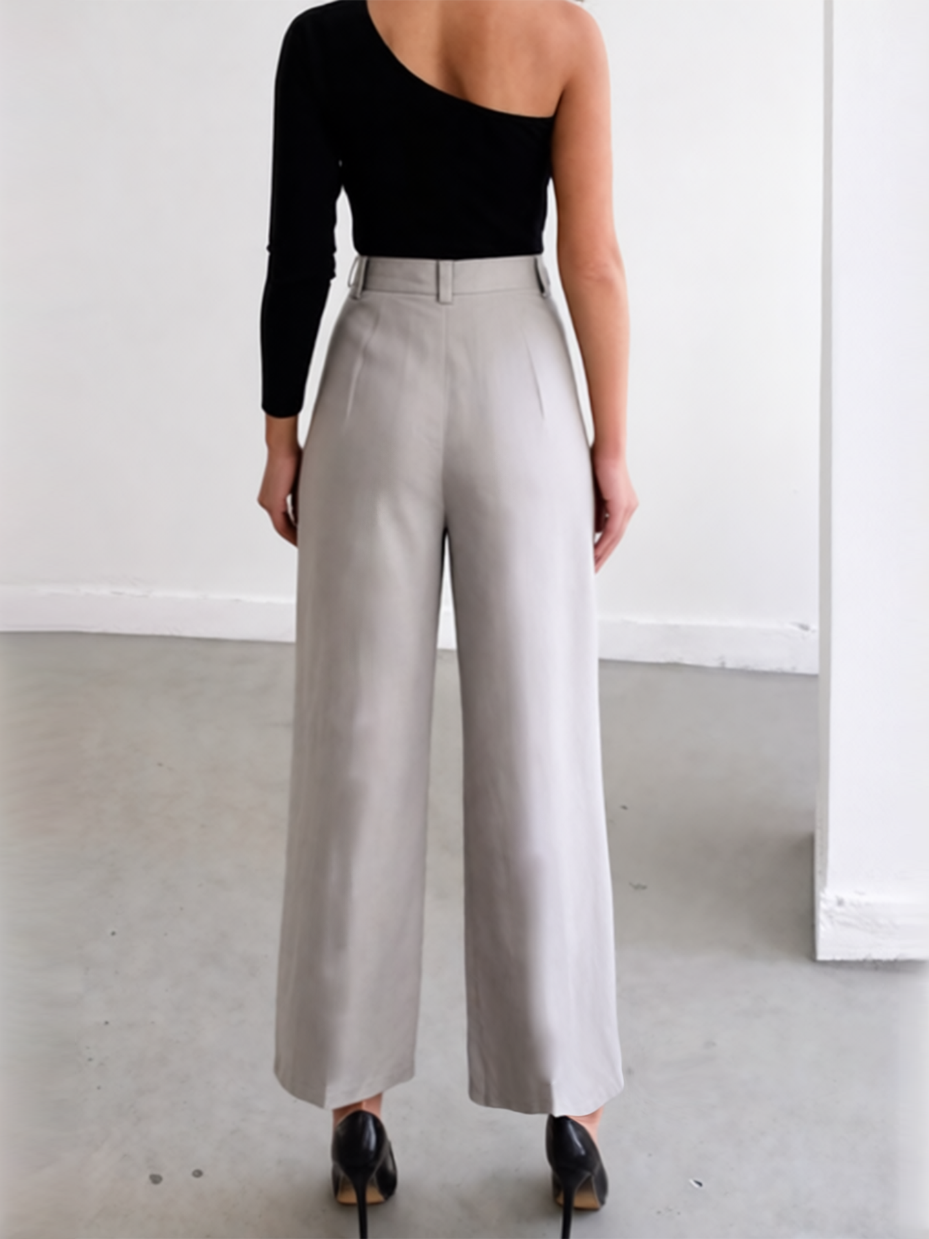 Pantalones anchos plisados de cintura alta de color gris claro para mujer-Aegean-sea