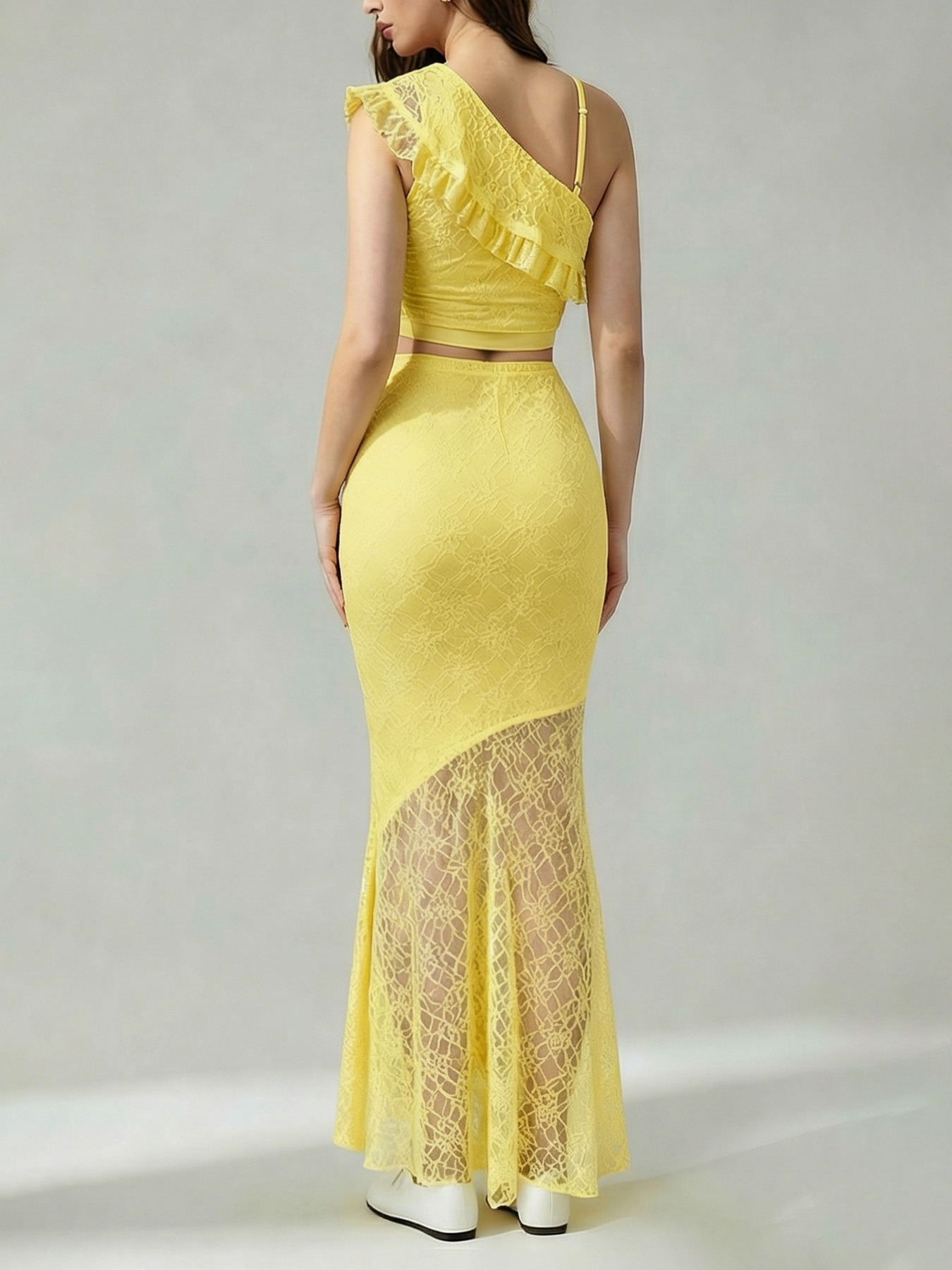 Woman's Light Yellow Lace Cami Top & Sheer Lace High-Waist Maxi Skirt Set