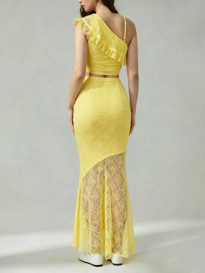 Woman's Light Yellow Lace Cami Top & Sheer Lace High-Waist Maxi Skirt Set