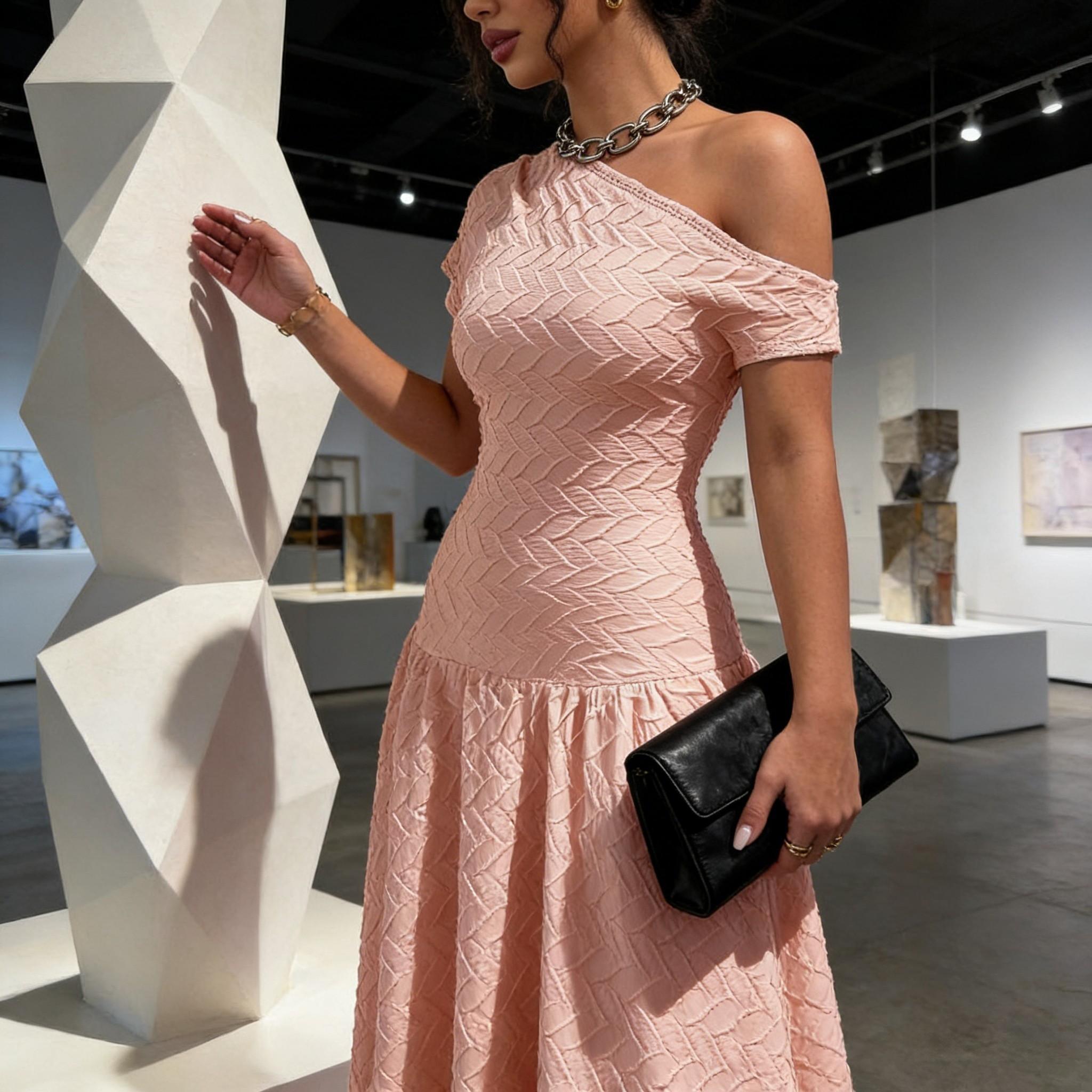 Pink slant-shouldered pressed women‘s dress Slim-waisted full-length skirt Date party vibe elegant holiday dress