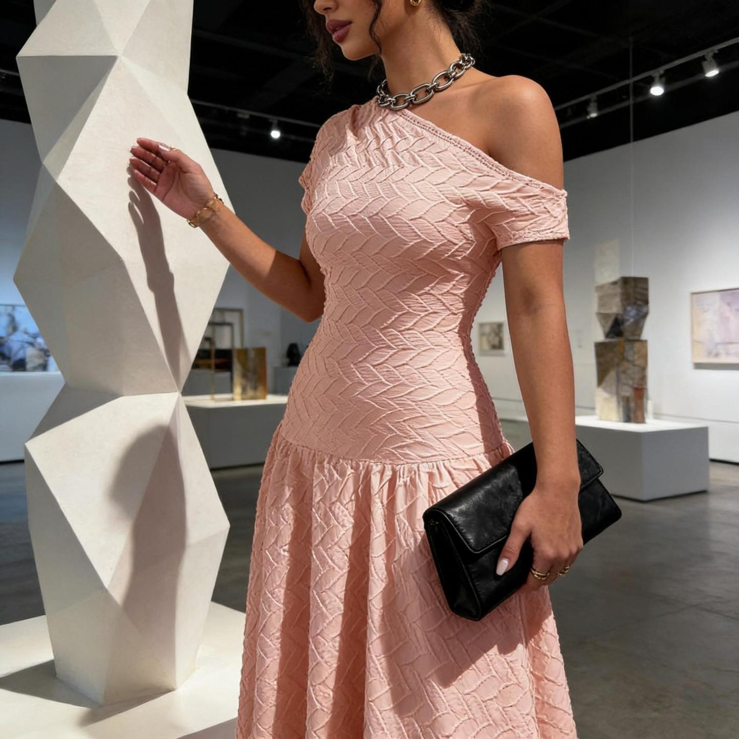 Pink slant-shouldered pressed women‘s dress Slim-waisted full-length skirt Date party vibe elegant holiday dress