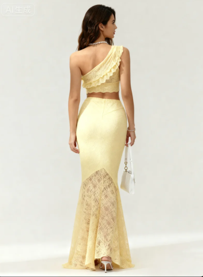 Woman's Light Yellow Lace Cami Top & Sheer Lace High-Waist Maxi Skirt Set