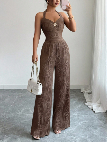 Brown Water Ripple Pattern Chest-Hanging Wide-Leg Set
