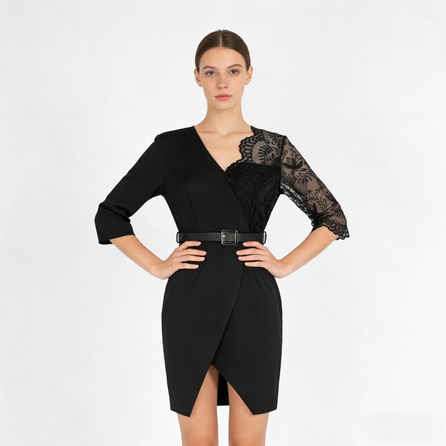 Black lace-stitched suit dress Cut-waisted split skirt Hot girl-style work-to-work party dress