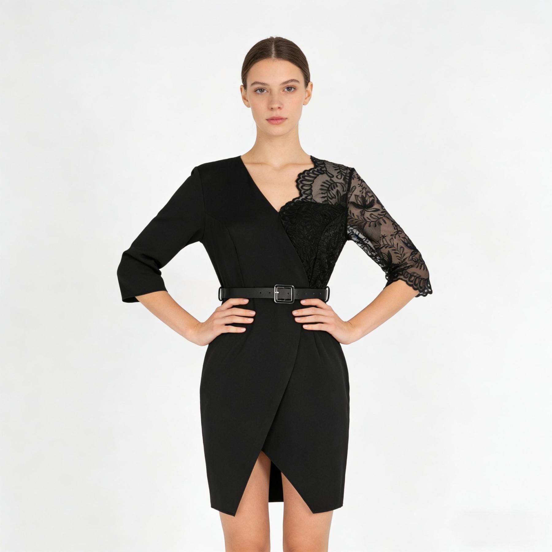Black lace-stitched suit dress Cut-waisted split skirt Hot girl-style work-to-work party dress