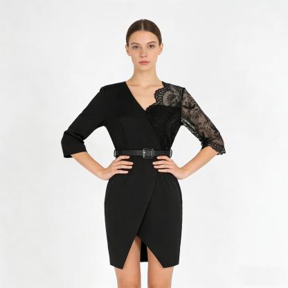 Black lace-stitched suit dress Cut-waisted split skirt Hot girl-style work-to-work party dress
