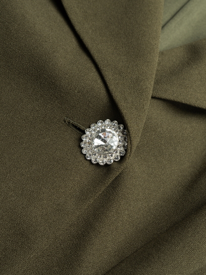 Office Elegant Wave Hem Waist-Cinched Blazer Set : Single Button Lapel Jacket & Wide-Leg Pants Two-Piece