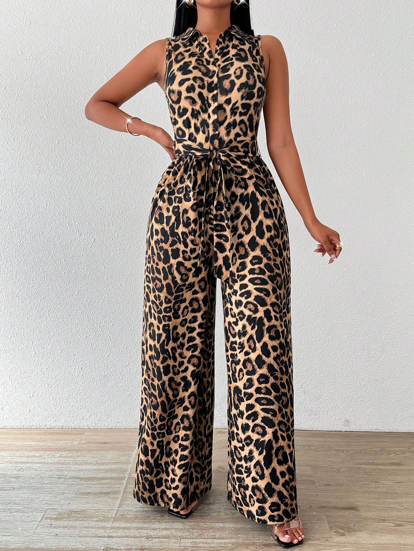 Leopard Print Sleeveless Jumpsuit with Shirt Collar, Self-Tie Belt & Wide Legs-Aegean-sea