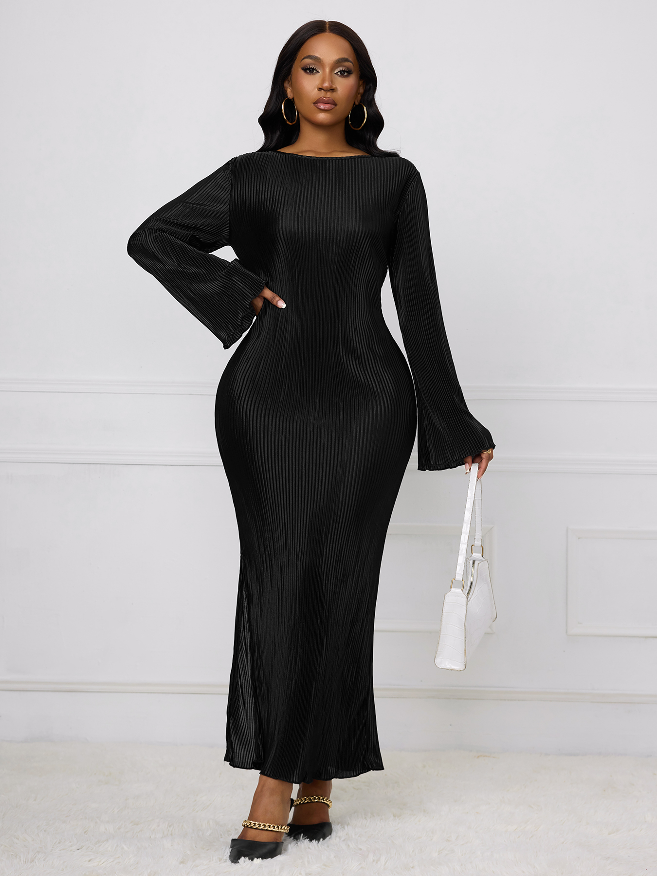 Woman's Long Sleeve Maxi Dress with Bell Sleeves, Vertical Pleats and Side Slit-Aegean-sea
