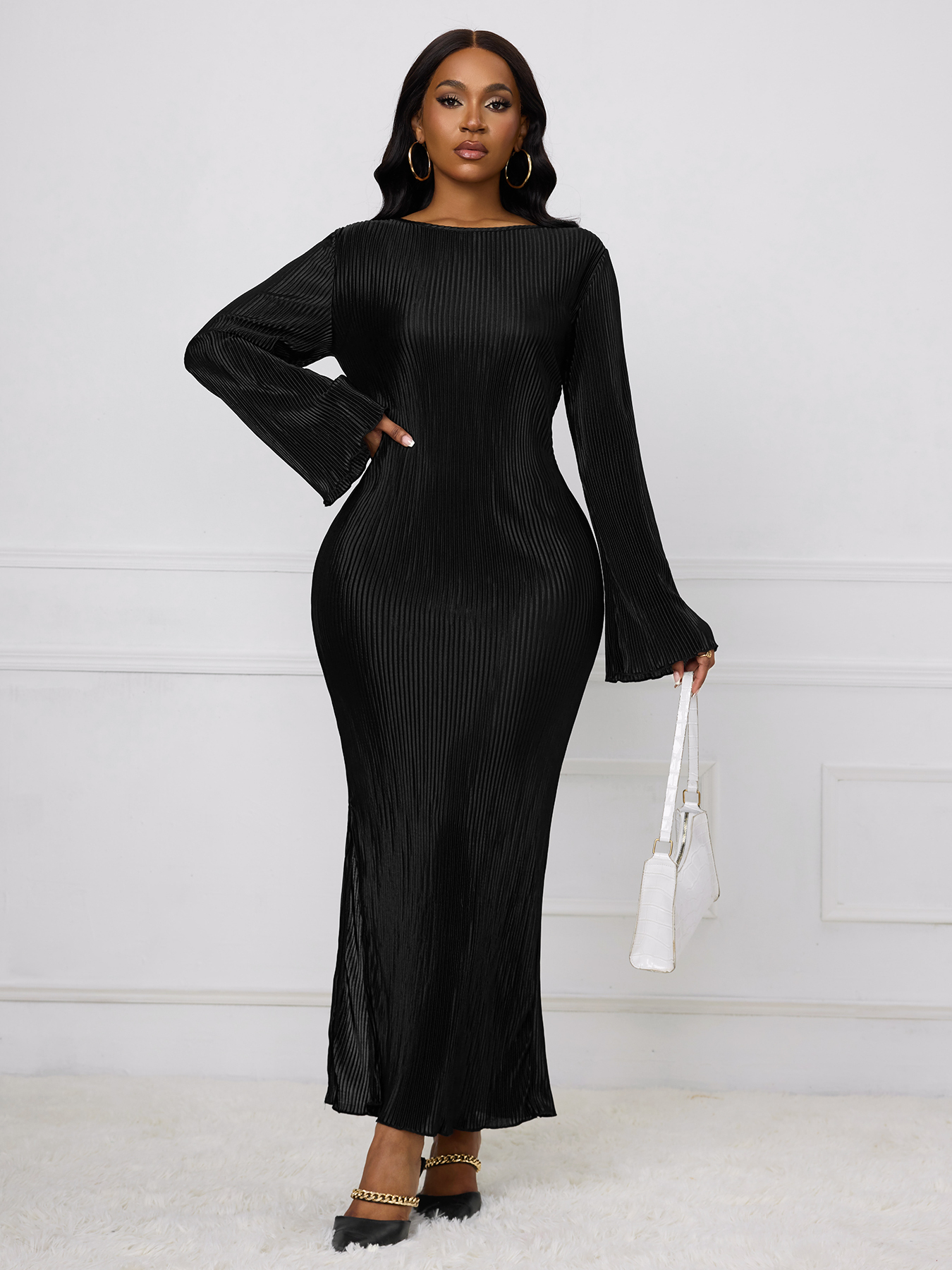 Woman's Long Sleeve Maxi Dress with Bell Sleeves, Vertical Pleats and Side Slit-Aegean-sea