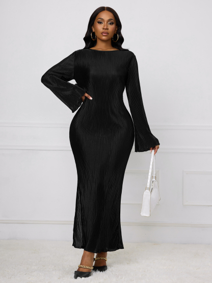 Woman's Long Sleeve Maxi Dress with Bell Sleeves, Vertical Pleats and Side Slit-Aegean-sea