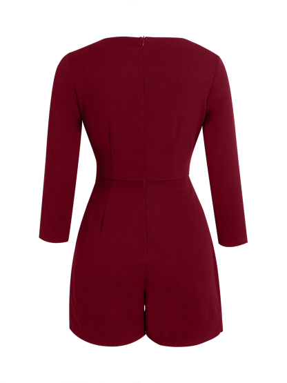 Red square-collared metal-buttoned jumpsuit Belted mid-sleeve irregular shorts
