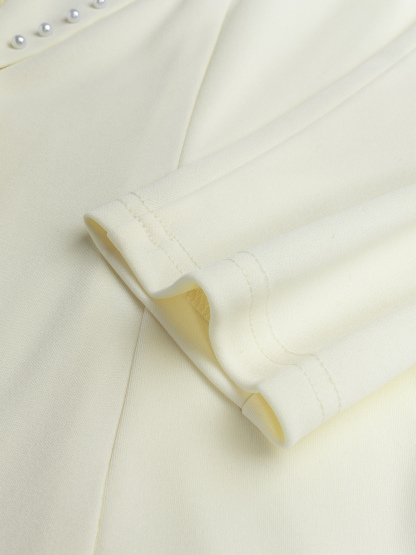 Elegant Cream Fitted Blazer with Pearl-Trimmed Lapel & Slim Waist-Aegean-sea