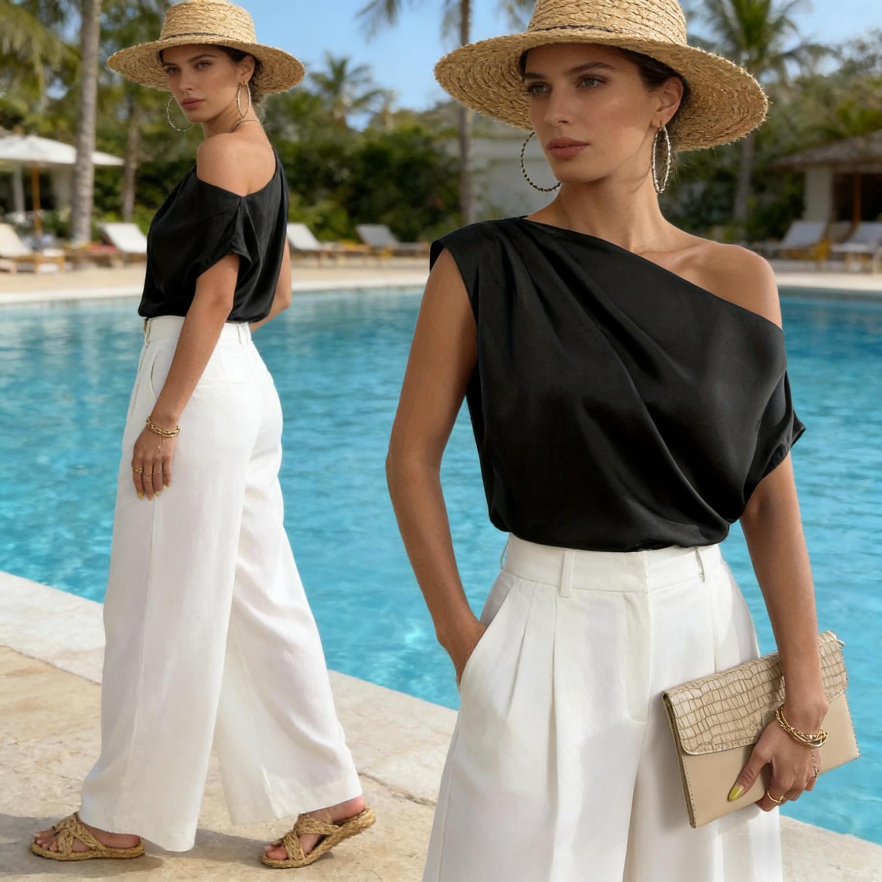 Black slouch-shouldered short-sleeved jacket Loose, bare-shouldered chiffon shirt