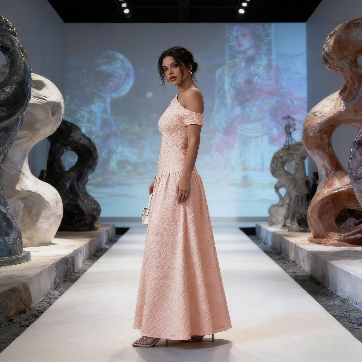 Pink slant-shouldered pressed women‘s dress Slim-waisted full-length skirt Date party vibe elegant holiday dress