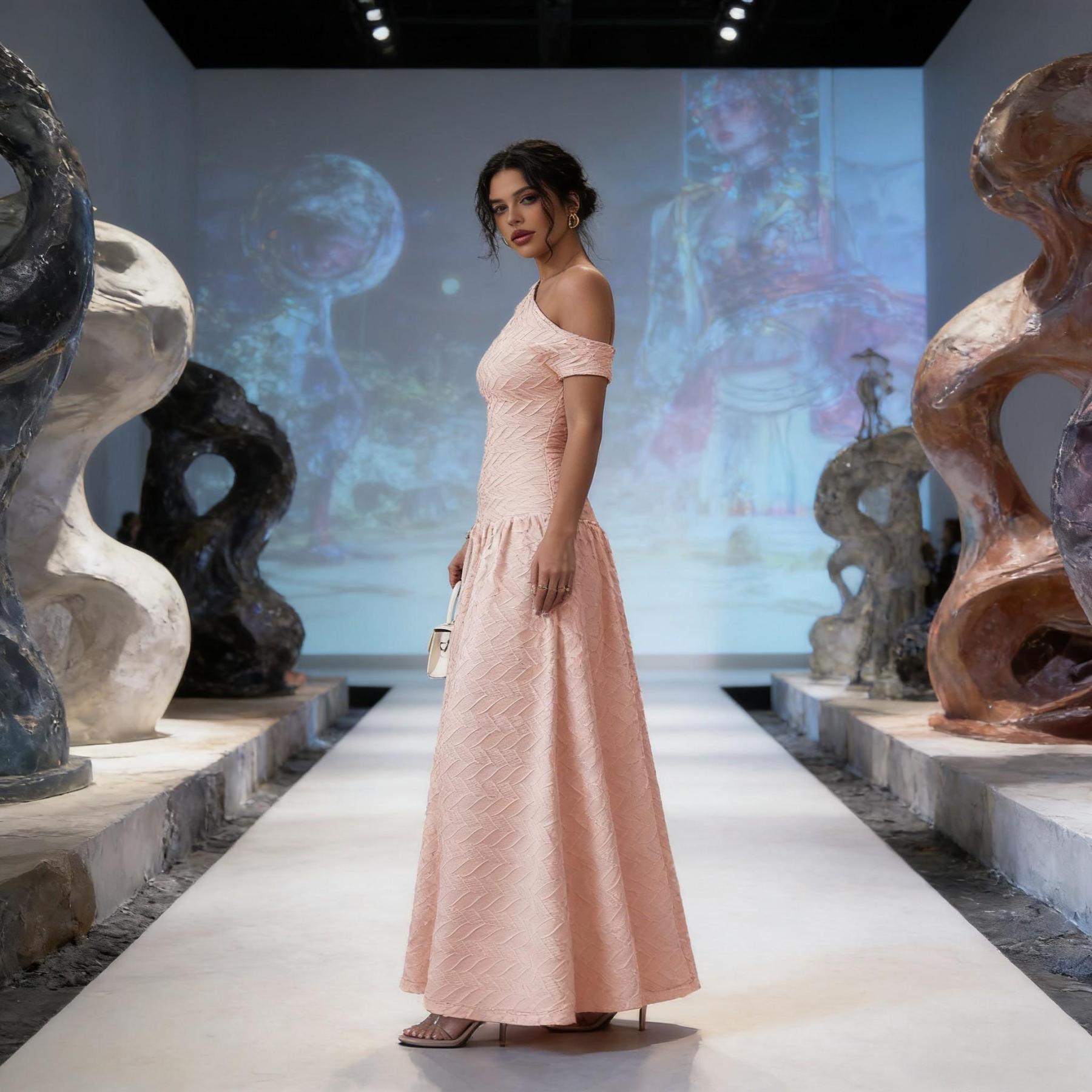 Pink slant-shouldered pressed women‘s dress Slim-waisted full-length skirt Date party vibe elegant holiday dress