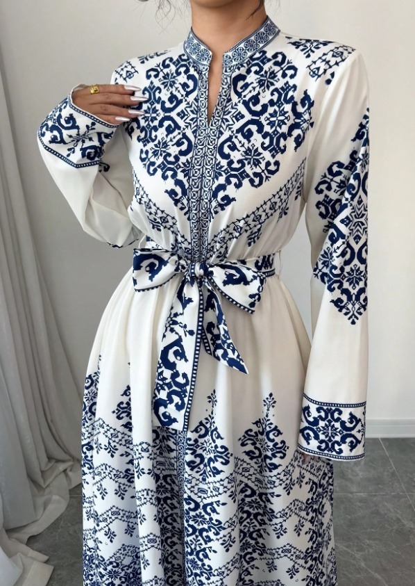 Tsinghua porcelain positioned floral print dress Standing collar with waist tie Long skirt with wide hem