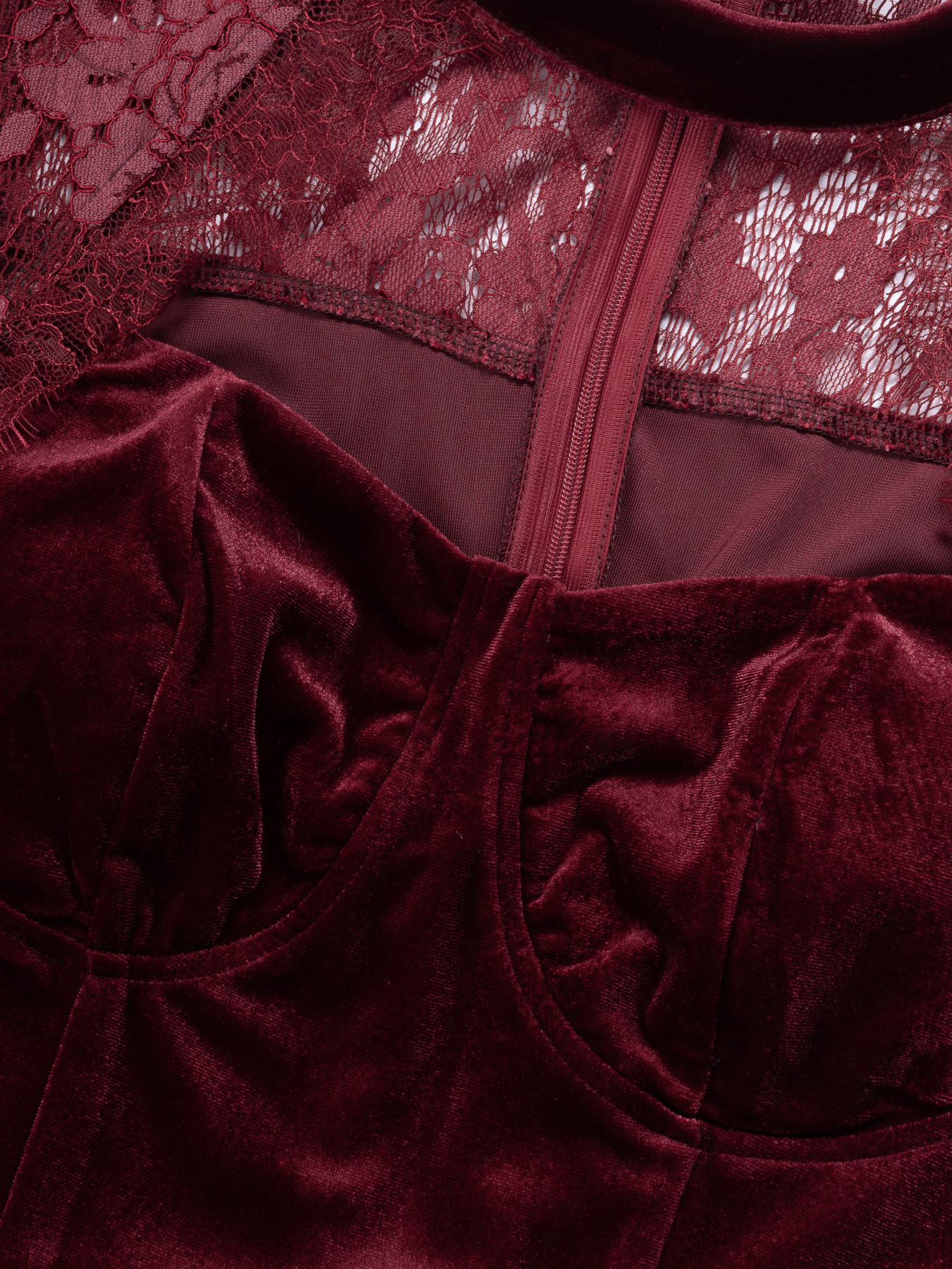 Woman's Burgundy Velvet Lace Long Sleeve Halter Sweetheart Mermaid Dress