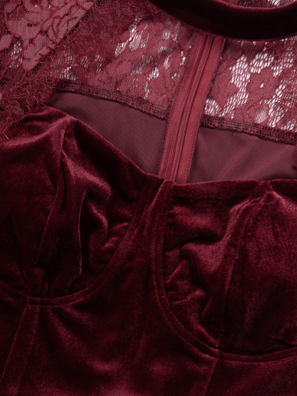 Woman's Burgundy Velvet Lace Long Sleeve Halter Sweetheart Mermaid Dress