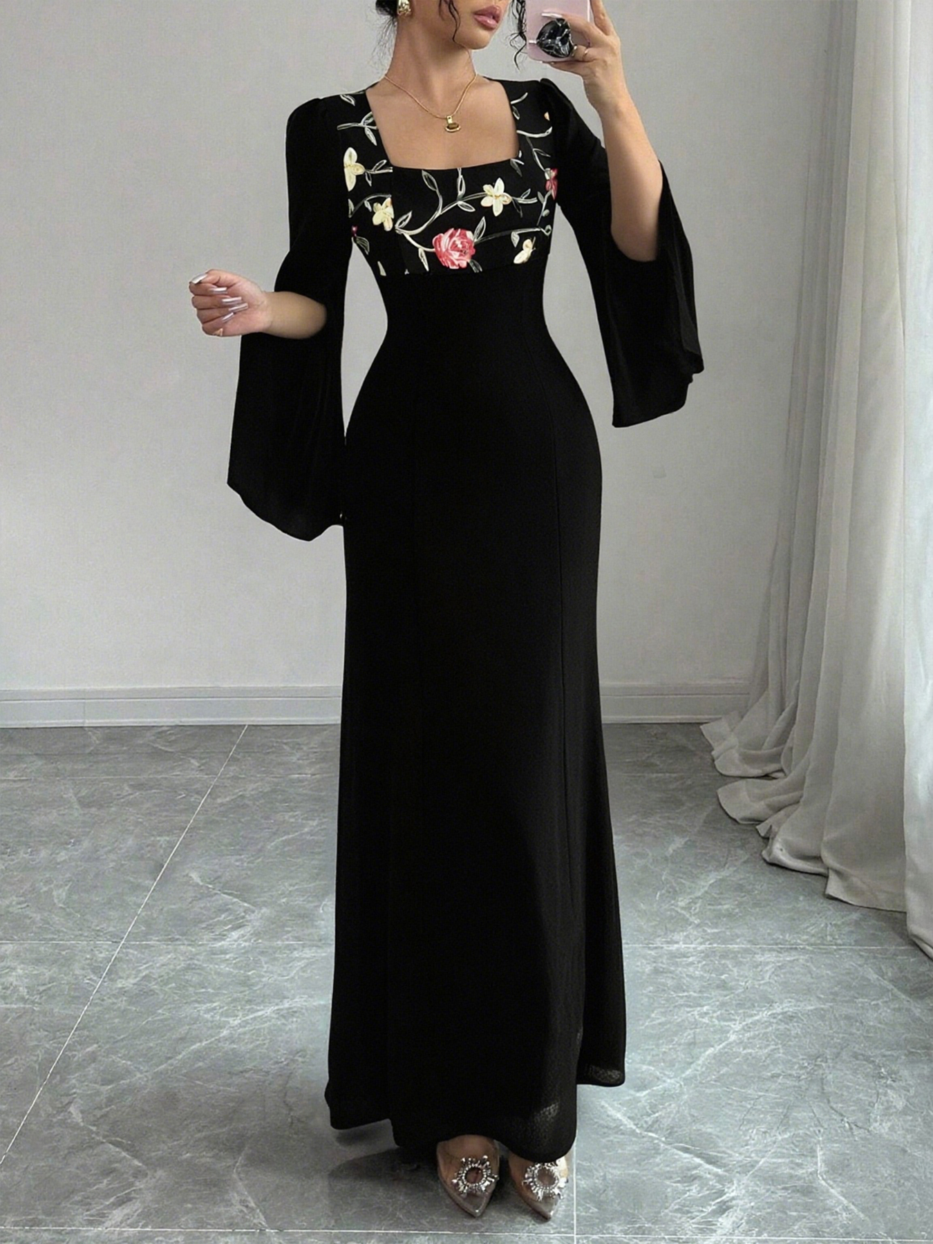 Woman's Square Neck Bell Sleeve Maxi Dress with Floral Embroidery-Aegean-sea