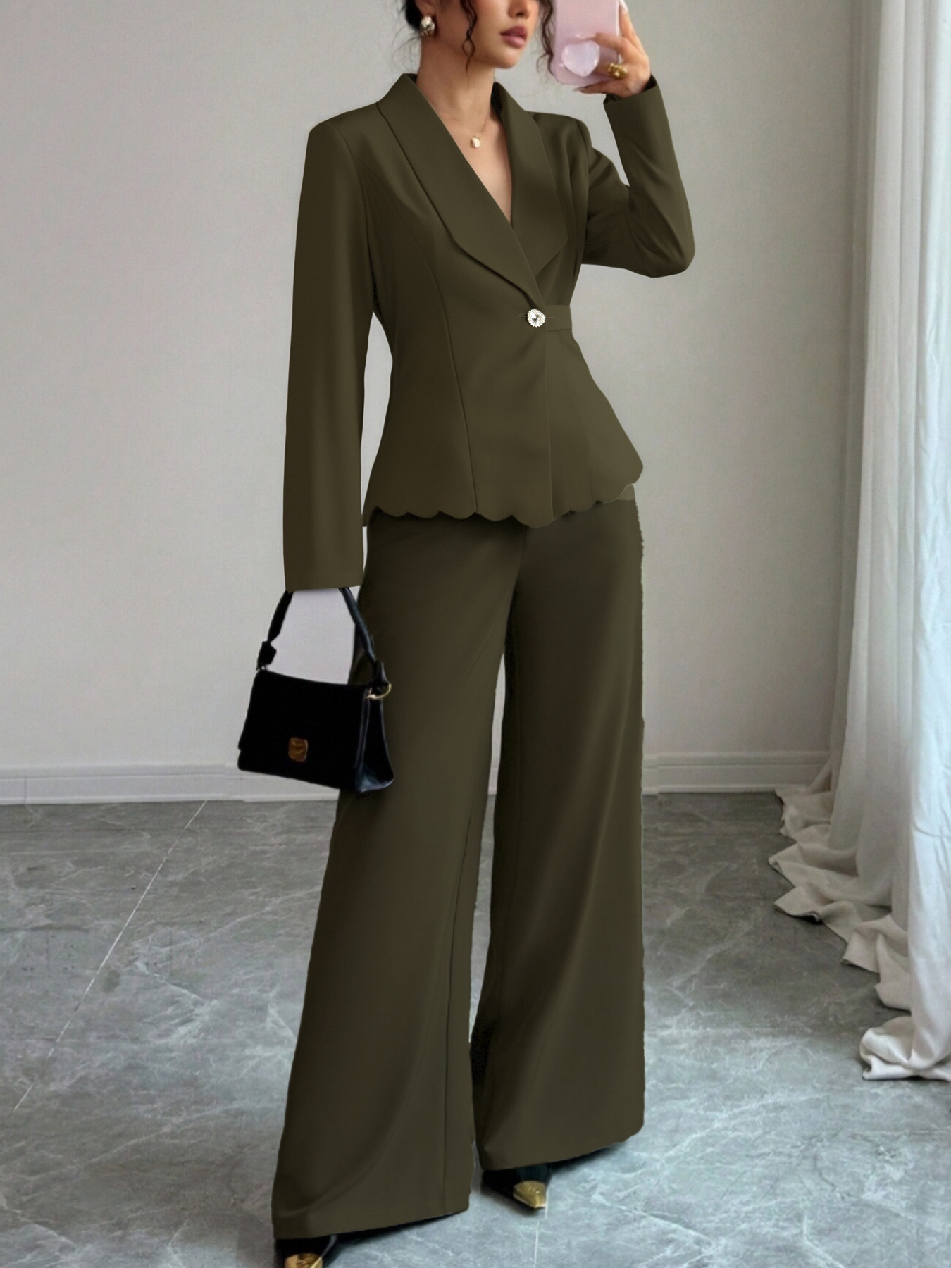 Office Elegant Wave Hem Waist-Cinched Blazer Set : Single Button Lapel Jacket & Wide-Leg Pants Two-Piece