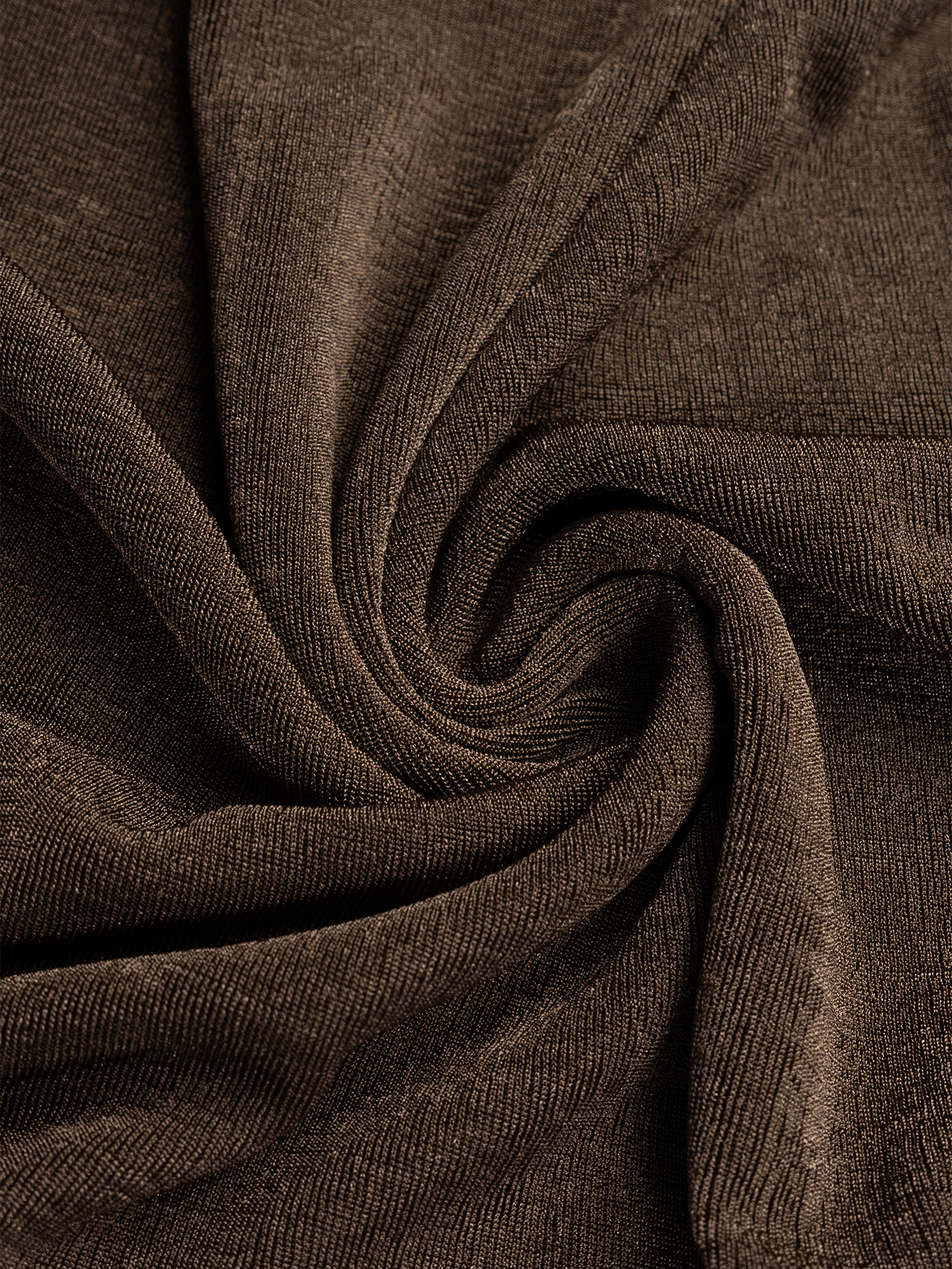 Chocolate-brown strapless mid-length woman‘s dress with one gold satin shoulder with little wheel accents