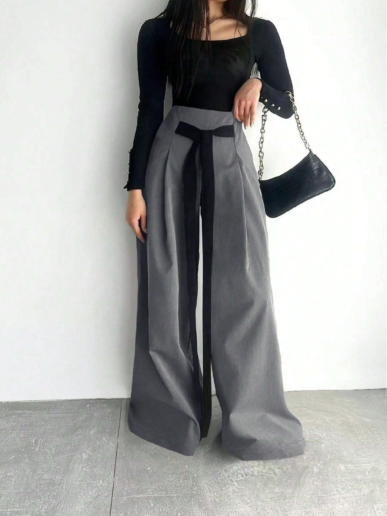 Woman's Gray Wide-Leg Pants with Black Sash Detail-Aegean-sea
