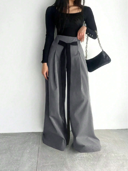 Woman's Gray Wide-Leg Pants with Black Sash Detail-Aegean-sea