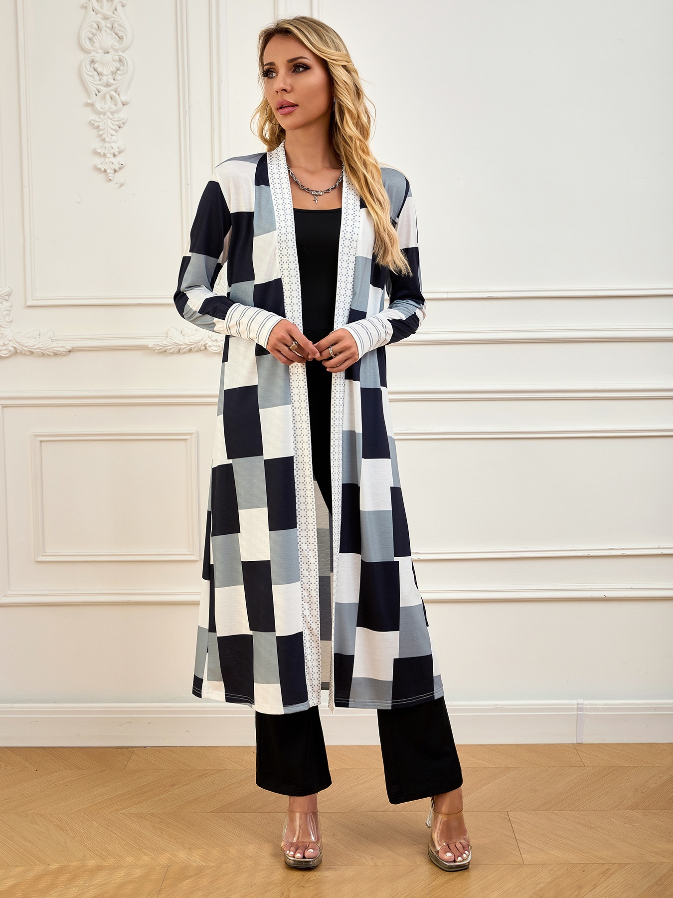 Cárdigan de manga larga de mujer con estampado a cuadros-Aegean-sea