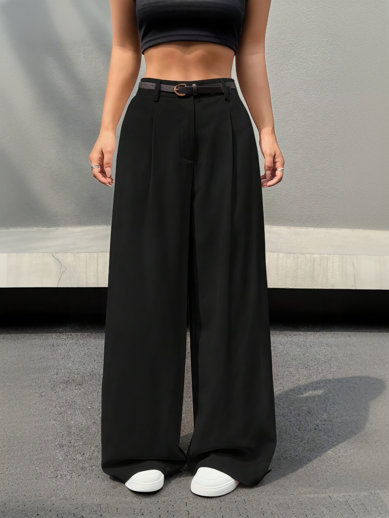 Woman's  Office Casual Style Black High-Waisted Wide-Leg Suit Pants -Aegean-sea