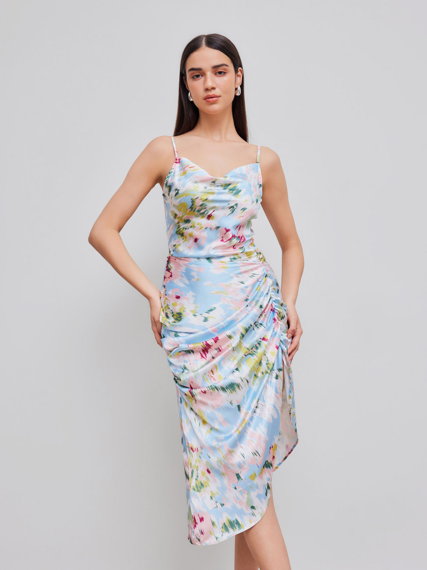 Woman's Pastel Abstract Print Satin Slip Dress with Ruched Detail
