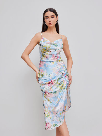 Woman's Pastel Abstract Print Satin Slip Dress with Ruched Detail