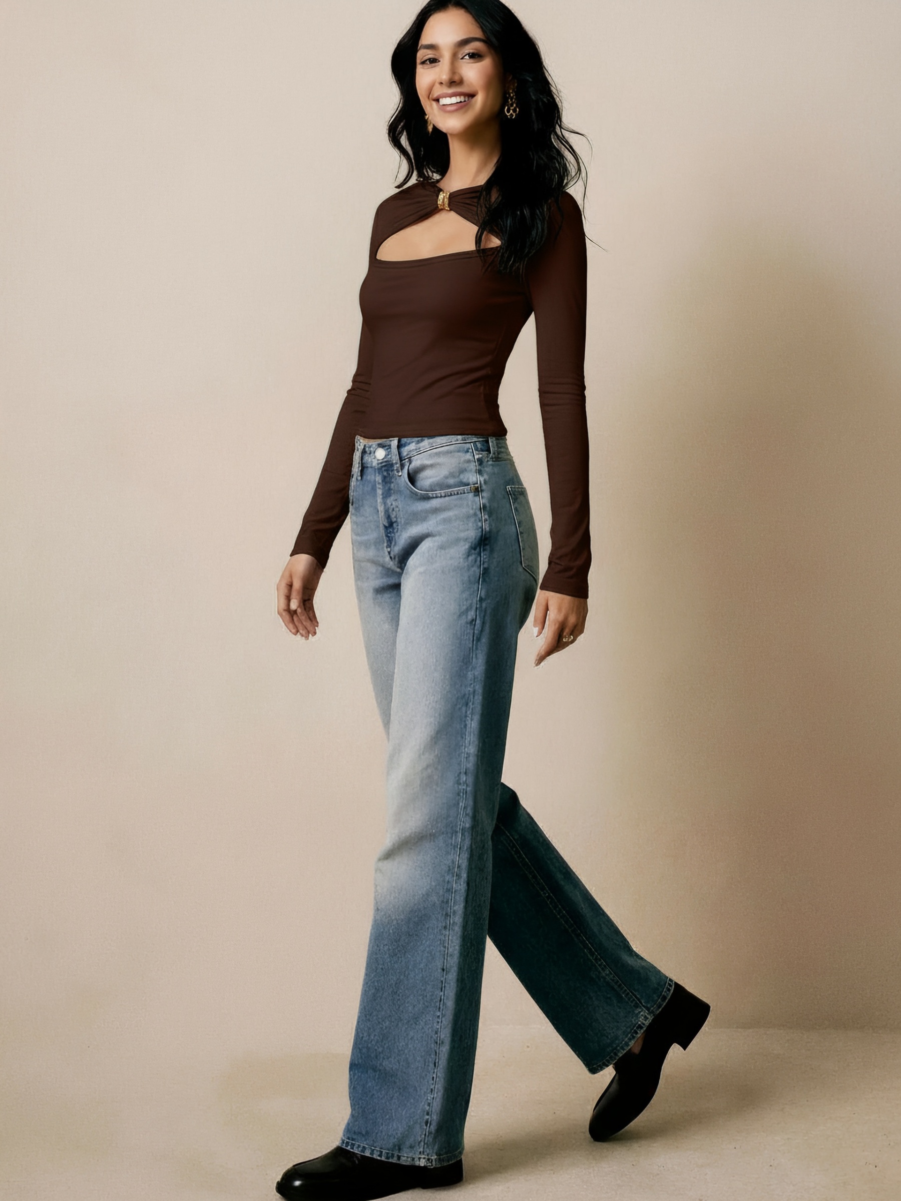 Hollow-out tops with metal buttons, long sleeves waist tight underclothes-Aegean-sea