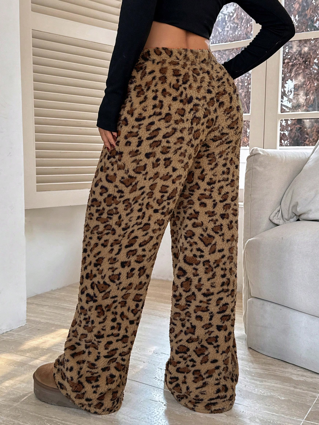 Pantalón de salón de piernas anchas con cordón y estampado de leopardo para mujer-Aegean-sea