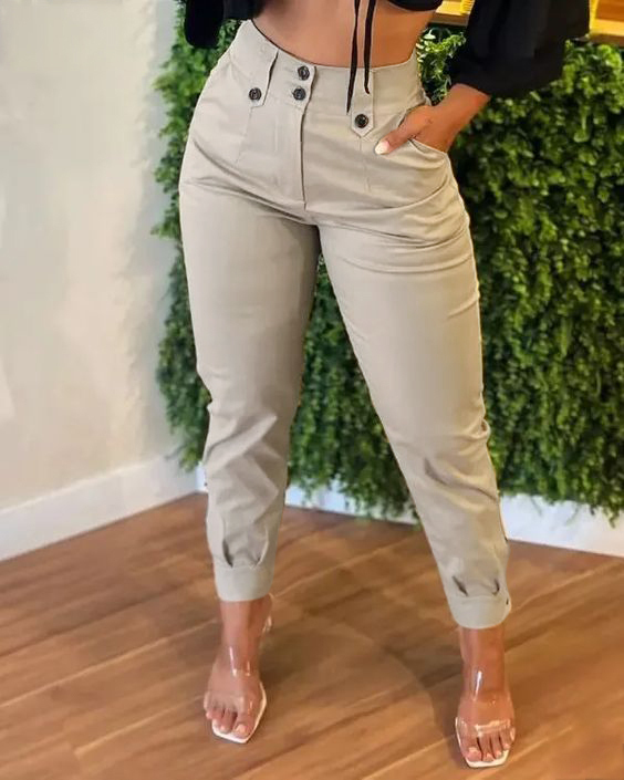 Woman's High Waist Multi-Button Slim Ankle Pants-Aegean-sea