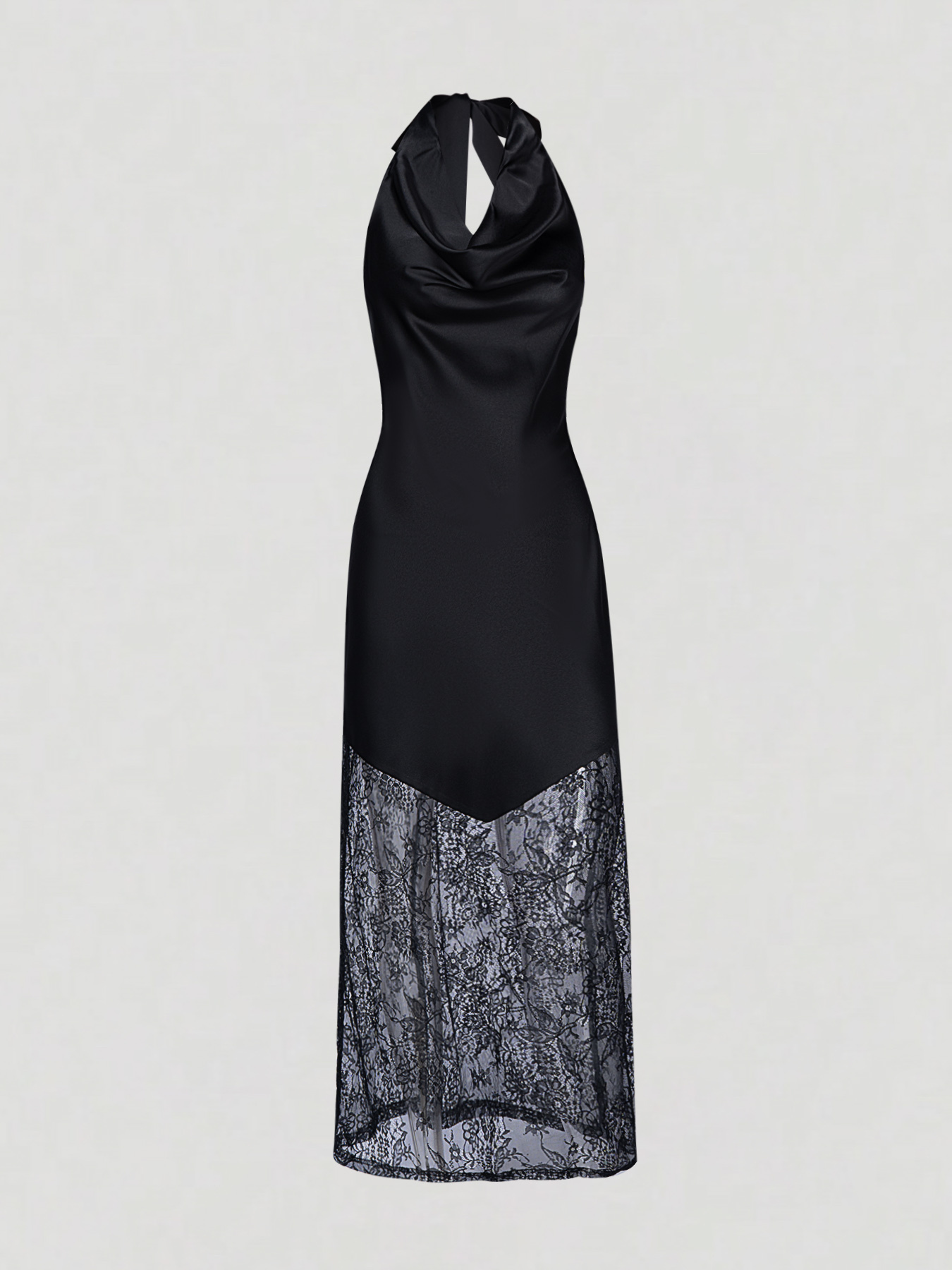 Black Neckholder Satin Lace Dress Sleeveless Suspended Collar Body-Tight Long Skirt