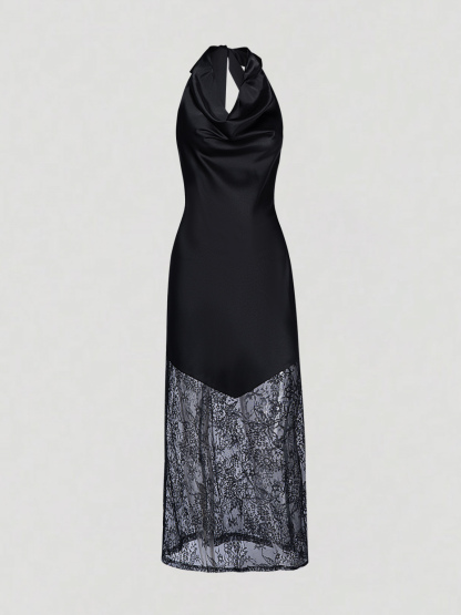 Black Neckholder Satin Lace Dress Sleeveless Suspended Collar Body-Tight Long Skirt