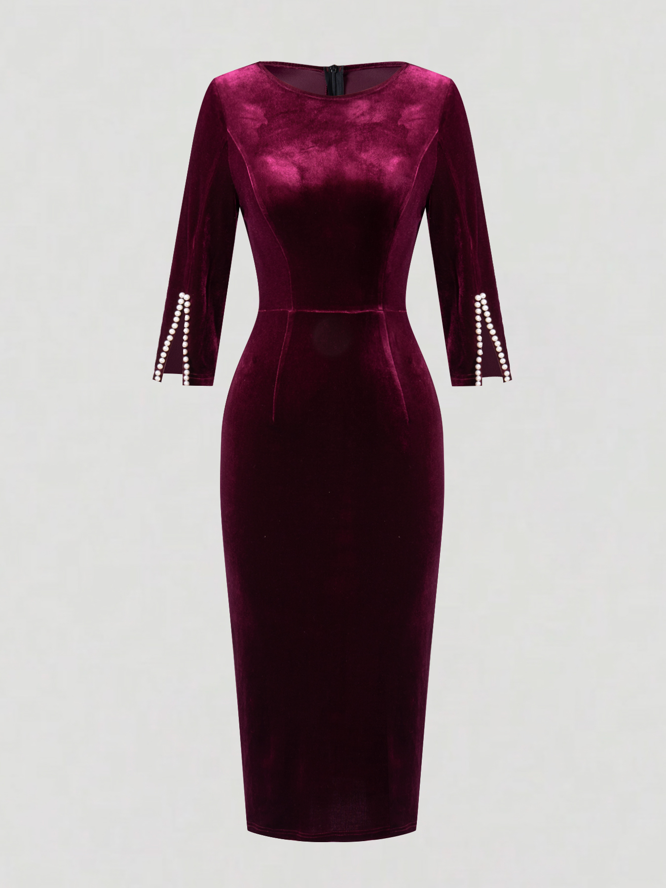 Women's Burgundy Velvet Pearl-Sleeve Bodycon Midi Dress-Aegean-sea