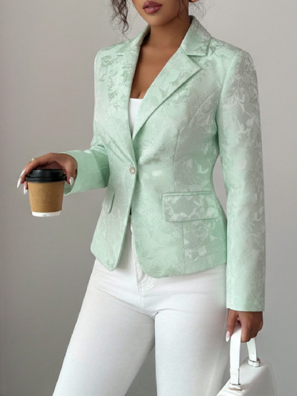 Woman's Jacquard Waist-Cinched Blazer : Pearl Button Elegant Commute Blazer