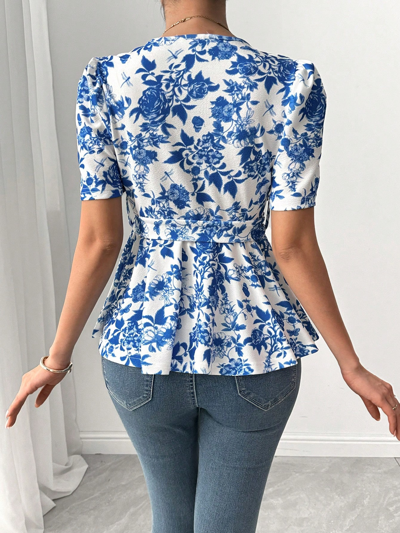 Women's Blue Floral Print Wrap Blouse - V-Neck Puff Sleeve Belted Peplum Top