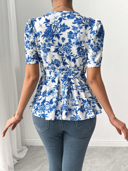 Women's Blue Floral Print Wrap Blouse - V-Neck Puff Sleeve Belted Peplum Top