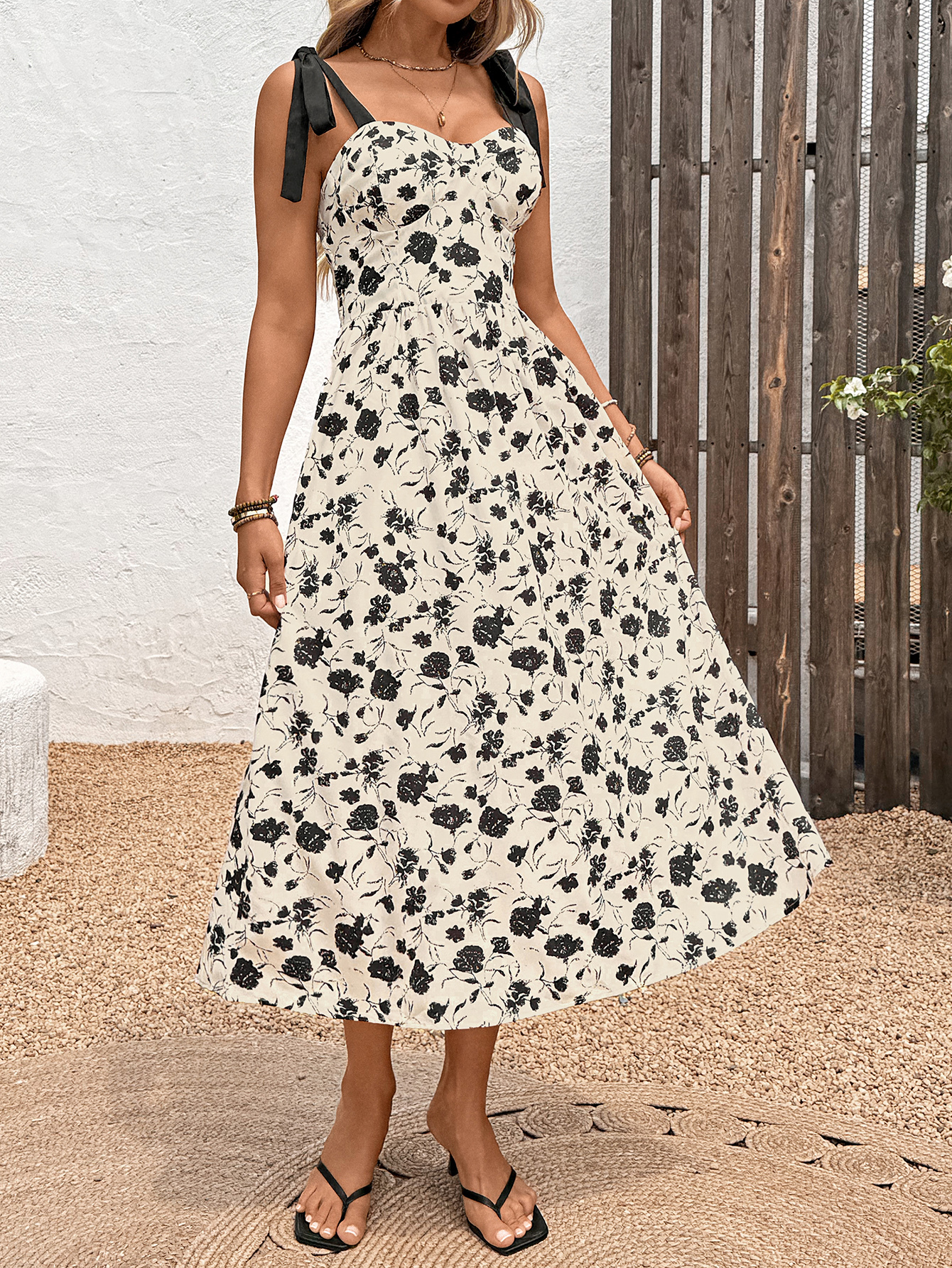 Women's Black and White Floral Print Spaghetti Strap Midi Dress-Aegean-sea