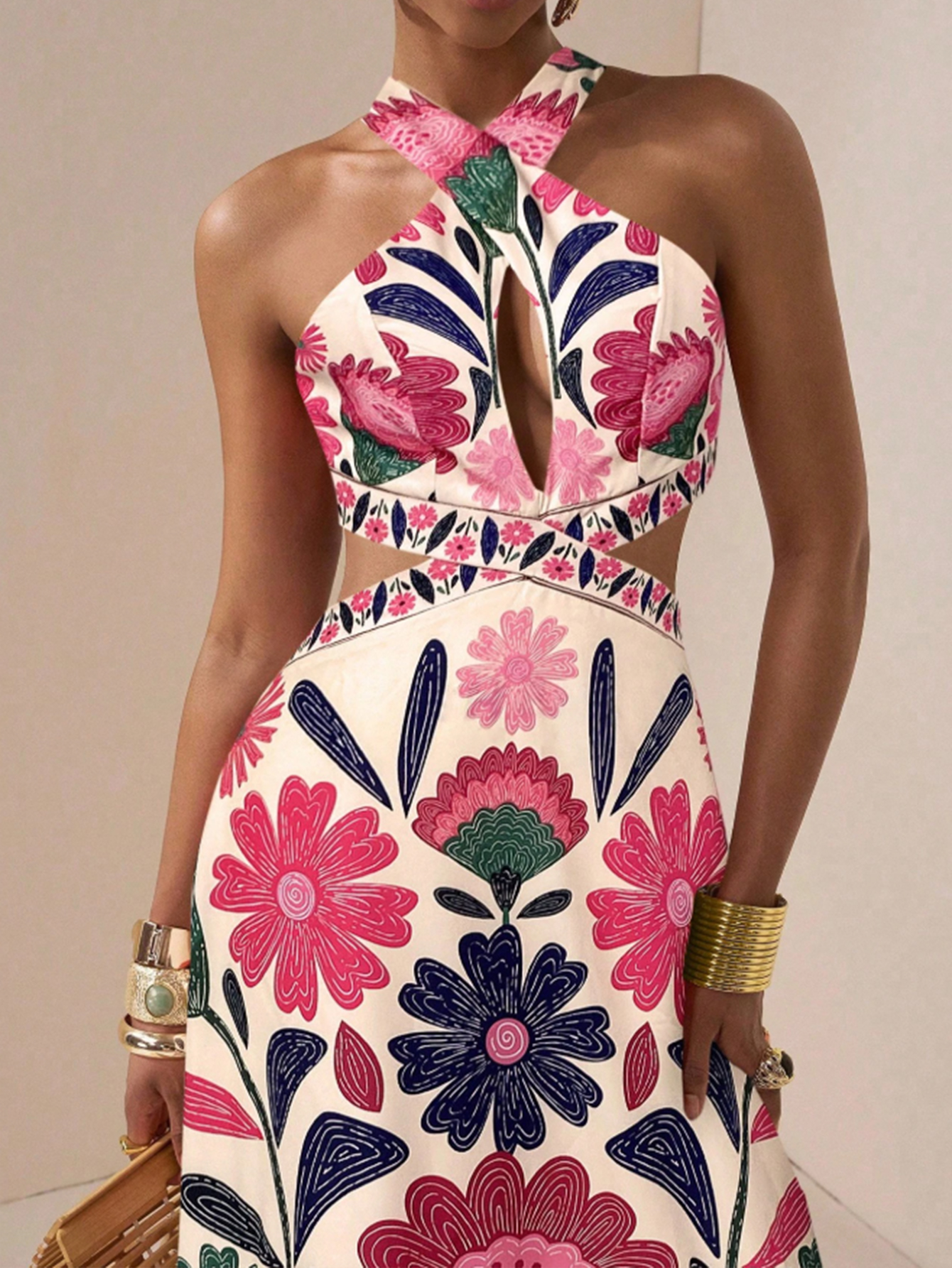 Women in flowered, neck-hanging dresses, cut-out, low-waisted, flowing dresses, holiday party dresses