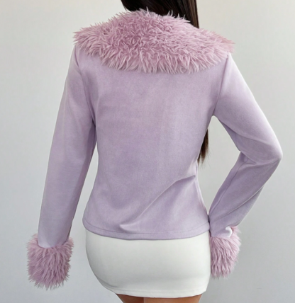 Chaqueta ajustada de color lavanda para mujer con cuello, puños y cremallera delantera de piel esponjosa-Aegean-sea