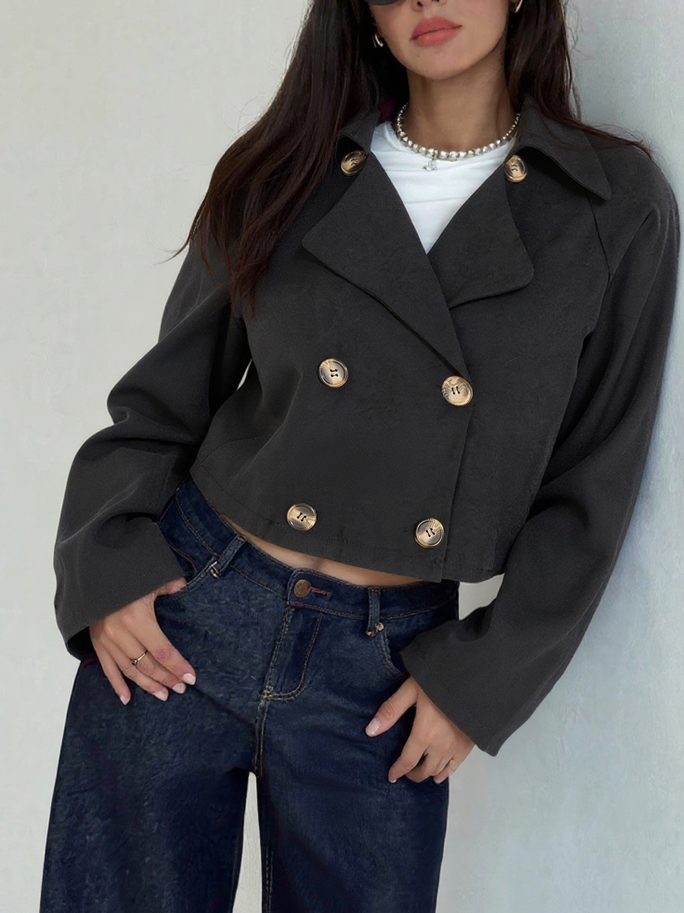 Woman's Black Cropped Double-Breasted Jacket with Metal Buttons-Aegean-sea