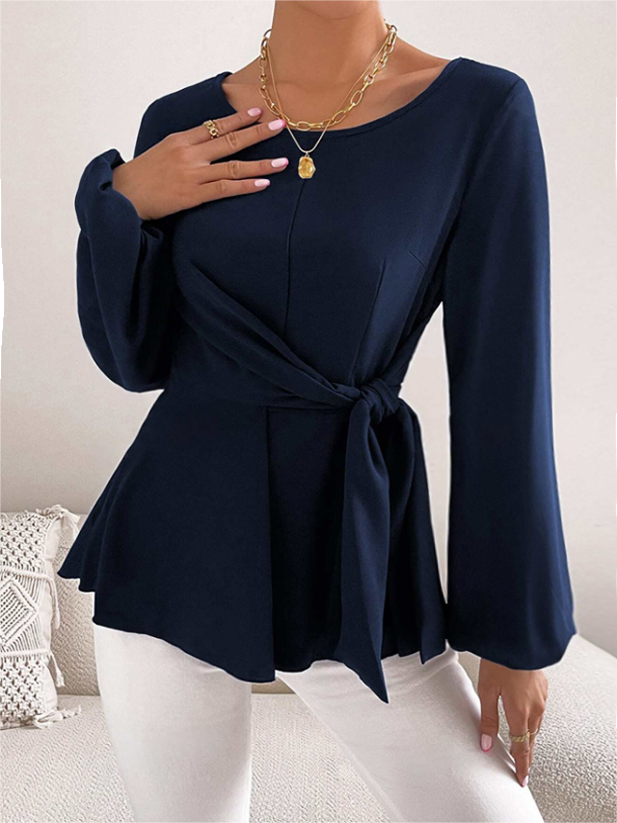 Camiseta de peplum de manga larga para mujer con cuello redondo, cintura de lazo y puños acampanados-Aegean-sea