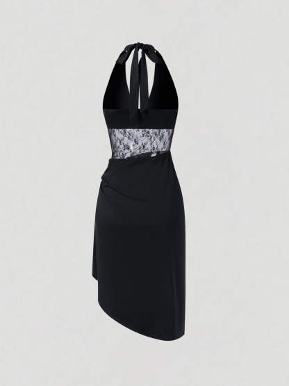 2026 Spring/Summer New Style Sexy Halter Neck Lace Splicing Asymmetric Waist-Fitted Dress
